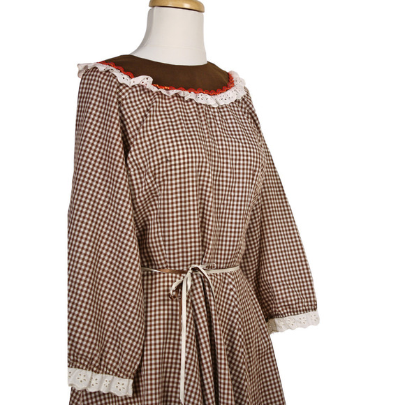 Vintage Malco Modes Prairie Dress Brown White Check Ric Rac Eyelet Trim Size 14 - Picture 3 of 9